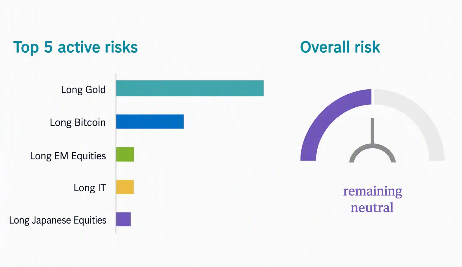 Top 5 active risks chart showing Long Gold, Long Bitcoin, Long EM Equities, Long IT, and Long Japanese Equities as the largest active risk contributors. Overall risk gauge indicates remaining neutral.