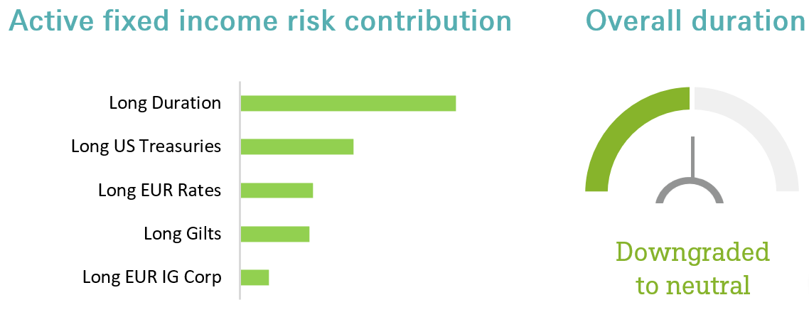 Active fixed income risk contribution with overall duration downgraded to neutral.